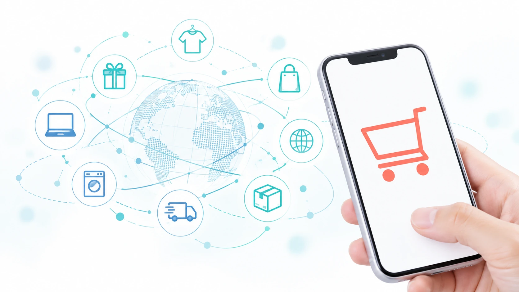 スマートフォンと商品・物流のつながりで表したEコマース事業のイメージ