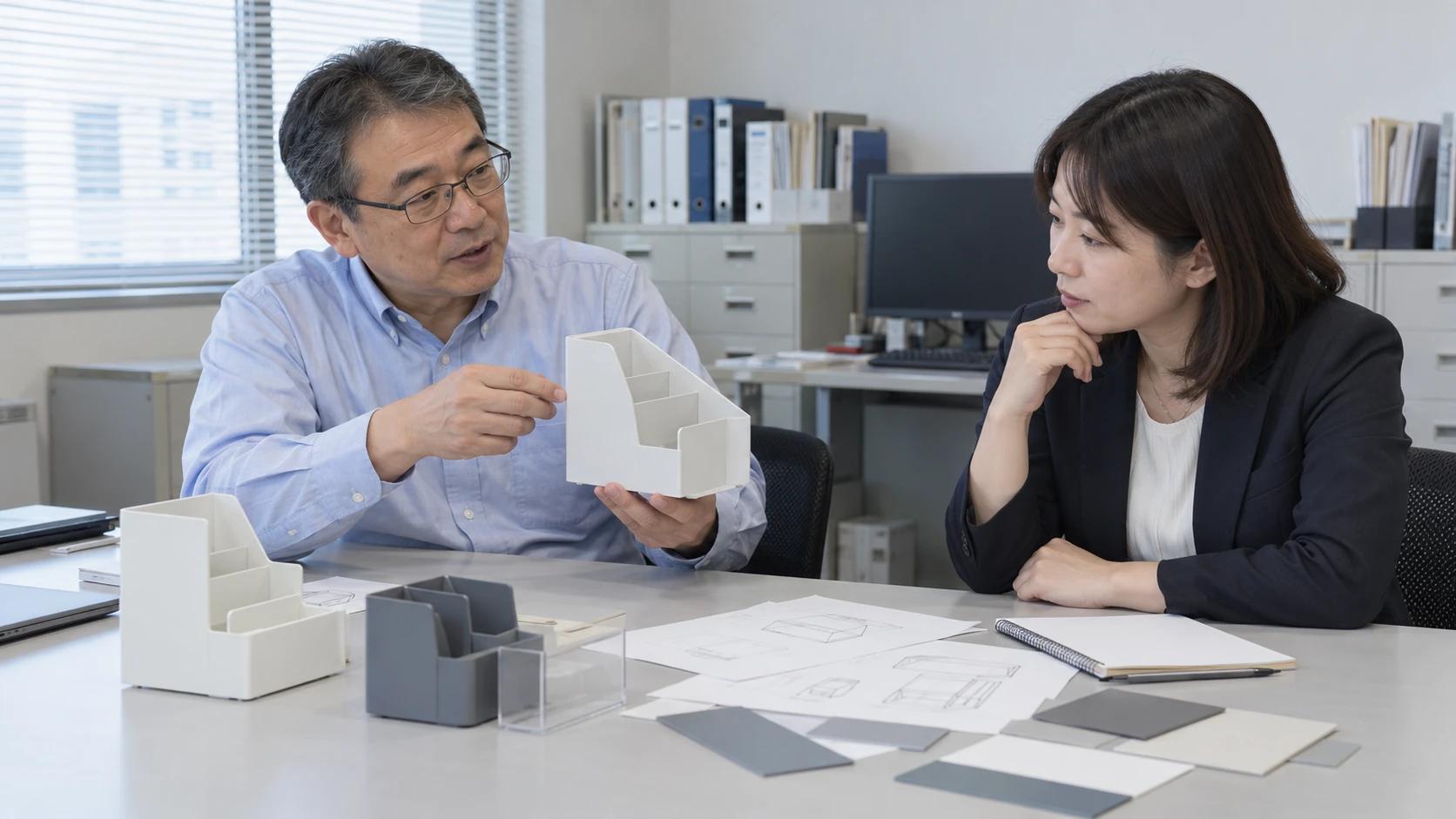 オフィスで試作品と仕様を検討する商品開発のイメージ