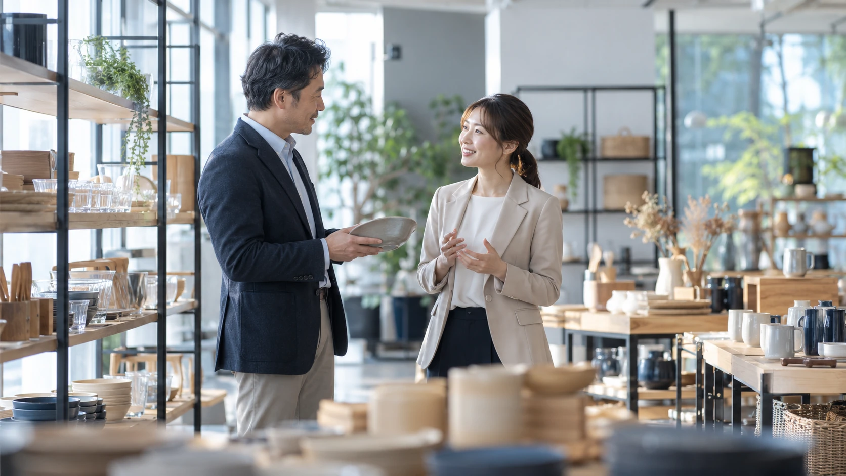 商品を確かめながら商談する仕入れ担当者のイメージ